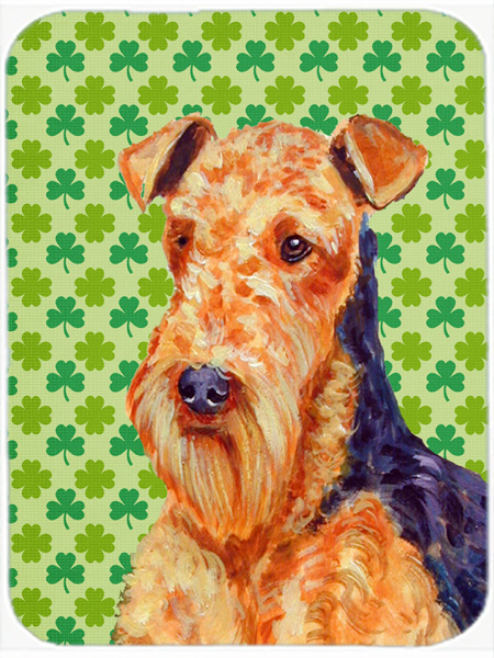 Airedale St. Patricks Day Shamrock Portrait Glass Cutting Board - Large