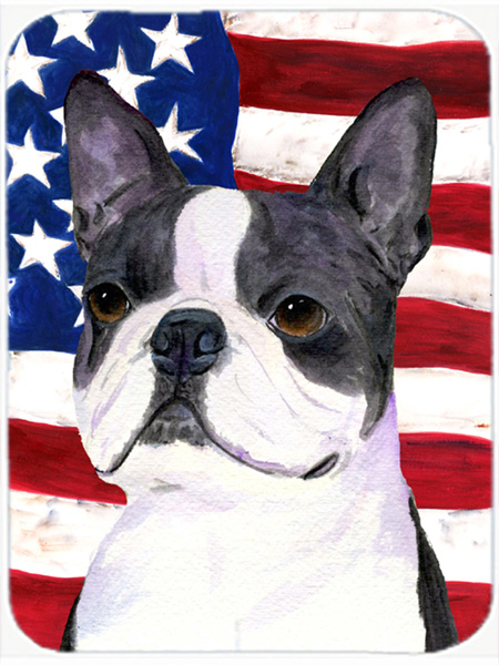 USA American Flag With Boston Terrier Glass Cutting Board - Large