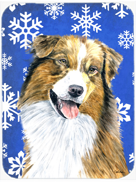 Australian Shepherd Winter Snowflakes Holiday Glass Cutting Board - Large