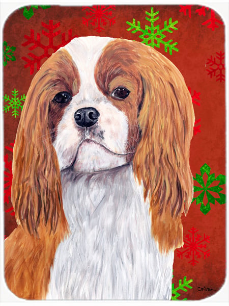 Cavalier Spaniel Red And Green Snowflakes Christmas Glass Cutting Board - Large
