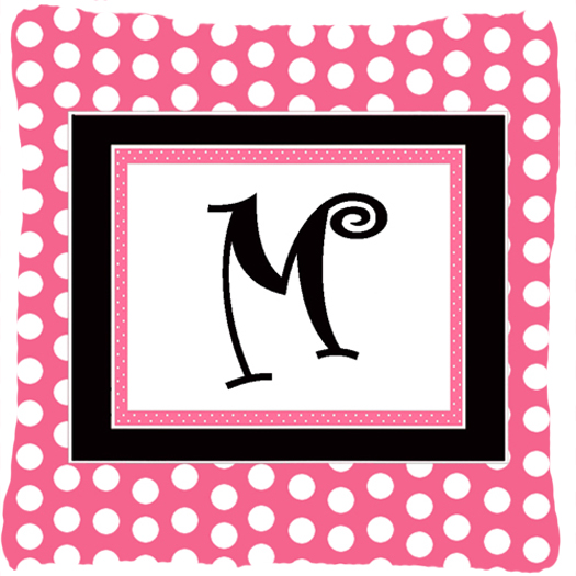 Letter M Initial Monogram - Pink Black Polka Dots Indoor & Outdoor Fabric Decorative Pillow