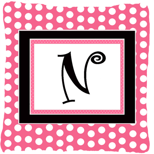 Letter N Initial Monogram - Pink Black Polka Dots Indoor & Outdoor Fabric Decorative Pillow