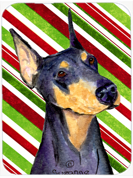 Doberman Candy Cane Holiday Christmas Glass Cutting Board - Large