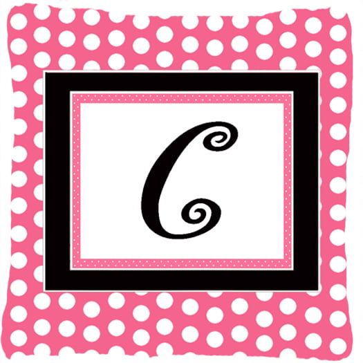 Monogram Initial C Pink Black Polka Dots Indoor & Outdoor Fabric Decorative Pillow - 14 x 2 x 14 in.