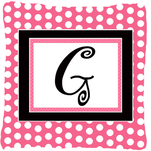 Letter G Initial Monogram - Pink Black Polka Dots Indoor & Outdoor Fabric Decorative Pillow