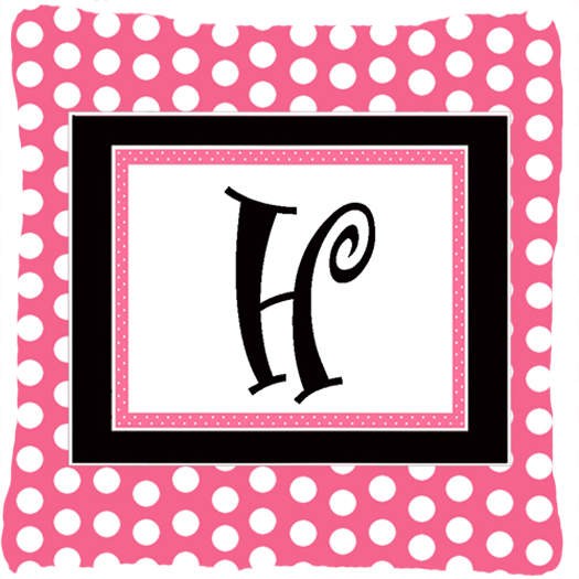 Letter H Initial Monogram - Pink Black Polka Dots Indoor & Outdoor Fabric Decorative Pillow