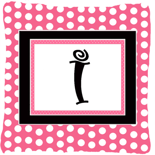Letter I Initial Monogram - Pink Black Polka Dots Indoor & Outdoor Fabric Decorative Pillow