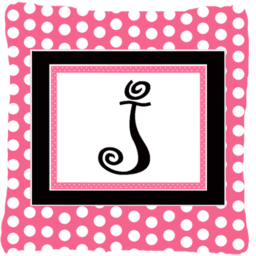 Letter J Initial Monogram - Pink Black Polka Dots Indoor & Outdoor Fabric Decorative Pillow
