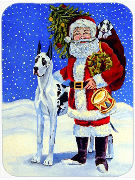 Picture of Carolines Treasures 7083LCB Harlequin Great Dane with Santa Claus Glass Cutting Board - Large