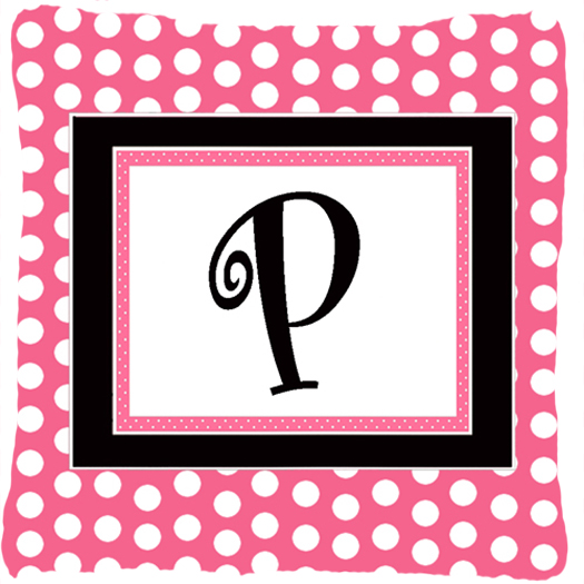 Letter P Initial Monogram - Pink Black Polka Dots Indoor & Outdoor Fabric Decorative Pillow