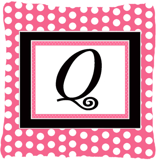 Letter Q Initial Monogram - Pink Black Polka Dots Indoor & Outdoor Fabric Decorative Pillow