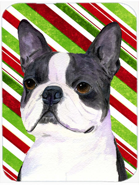 Boston Terrier Candy Cane Holiday Christmas Glass Cutting Board - Large