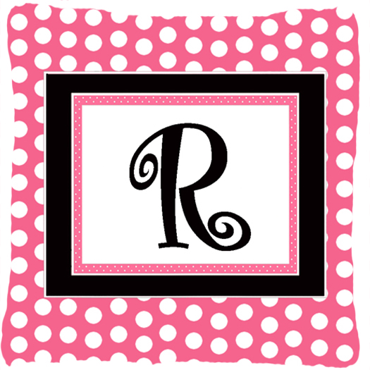 Letter R Initial Monogram - Pink Black Polka Dots Indoor & Outdoor Fabric Decorative Pillow