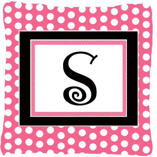 Letter S Initial Monogram - Pink Black Polka Dots Indoor & Outdoor Fabric Decorative Pillow
