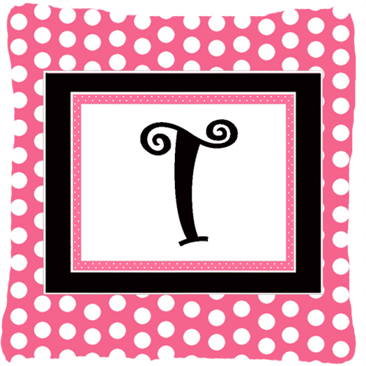 Letter T Initial Monogram - Pink Black Polka Dots Indoor & Outdoor Fabric Decorative Pillow
