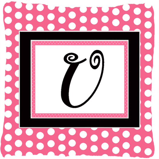 Letter U Initial Monogram - Pink Black Polka Dots Indoor & Outdoor Fabric Decorative Pillow