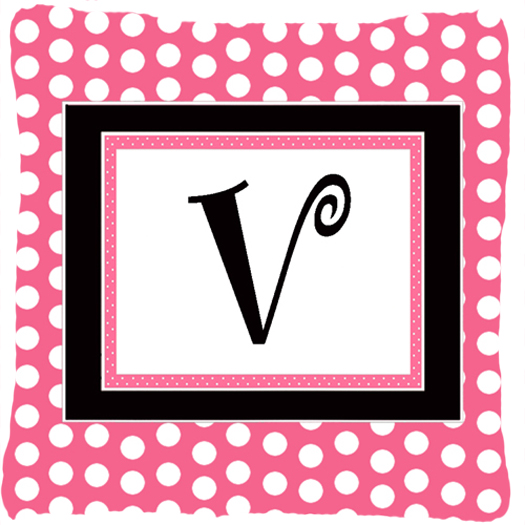 Letter V Initial Monogram - Pink Black Polka Dots Indoor & Outdoor Fabric Decorative Pillow