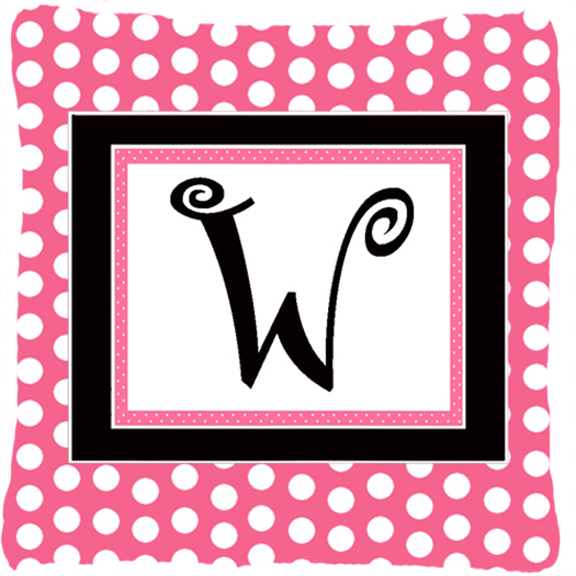 Letter W Initial Monogram - Pink Black Polka Dots Indoor & Outdoor Fabric Decorative Pillow