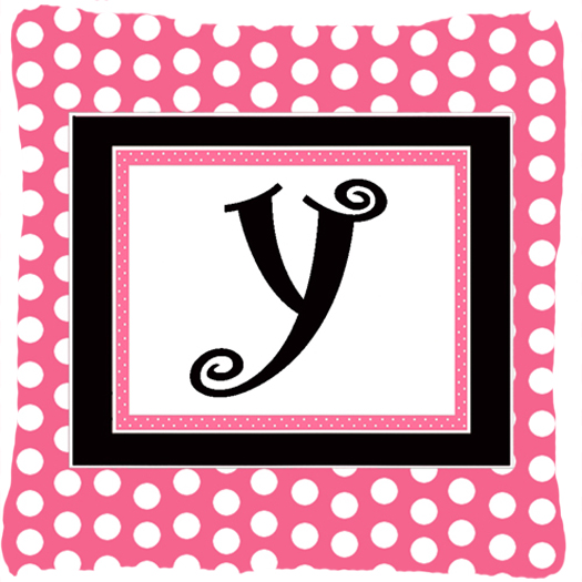 Letter Y Initial Monogram - Pink Black Polka Dots Indoor & Outdoor Fabric Decorative Pillow