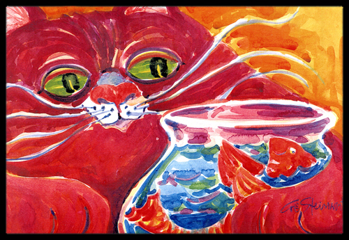 24 x 36 in. Big Red Cat at the fishbowl Indoor Or Outdoor Mat