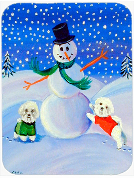 Picture of Carolines Treasures 7145LCB 15 x 12 in. Snowman With A Bichon Frise Glass Cutting Board - Large