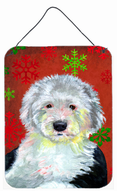 LH9351DS1216 Old English Sheepdog Red Snowflakes Christmas Aluminium Metal Wall Or Door Hanging Prints