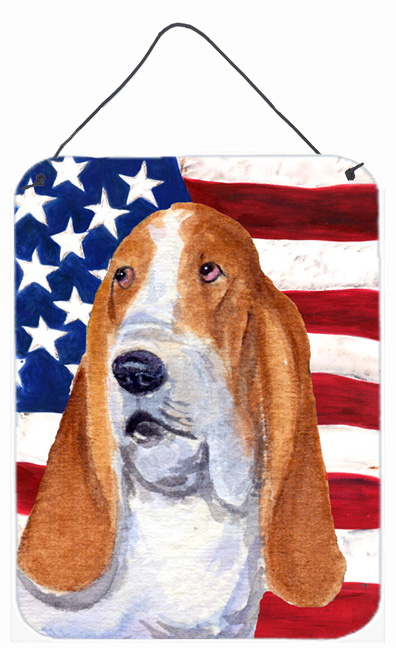 USA American Flag with Basset Hound Aluminium Metal Wall Or Door Hanging Prints