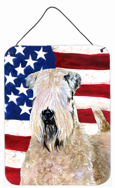SS4019DS1216 USA American Flag with Wheaten Terrier Soft Coated Aluminium Metal Wall Or Door Hanging Prints