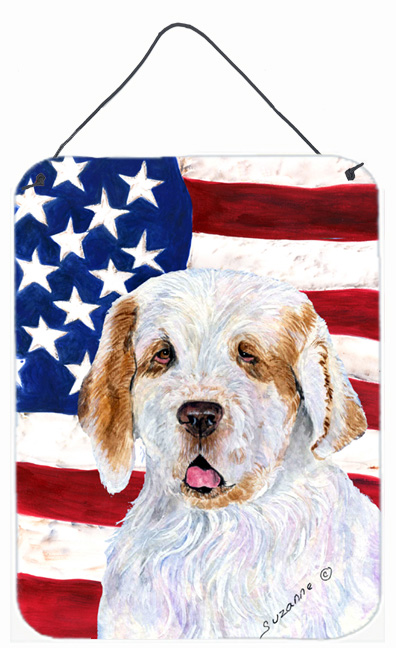 SS4027DS1216 USA American Flag with Clumber Spaniel Aluminium Metal Wall Or Door Hanging Prints