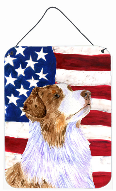 SS4252DS1216 USA American Flag with Australian Shepherd Aluminium Metal Wall Or Door Hanging Prints