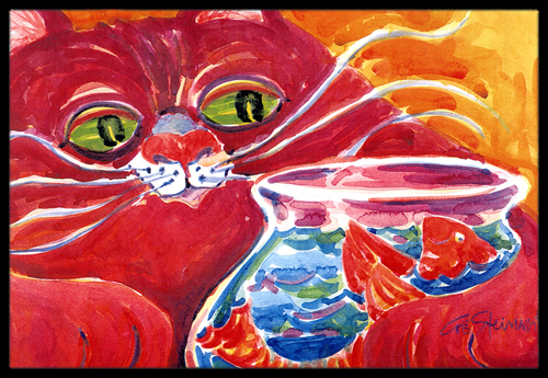 Picture of Carolines Treasures 6048MAT Big Red Cat at the fishbowl Indoor Or Outdoor Mat - 18 x 27 in.