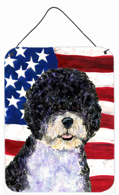 SS4053DS1216 USA American Flag with Portuguese Water Dog Aluminium Metal Wall Or Door Hanging Prints