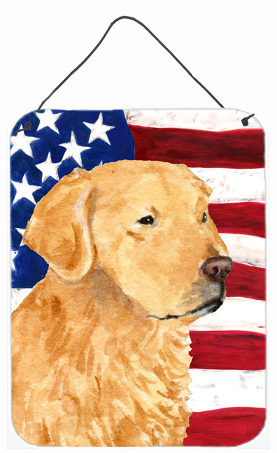 SS4055DS1216 USA American Flag with Golden Retriever Aluminium Metal Wall Or Door Hanging Prints