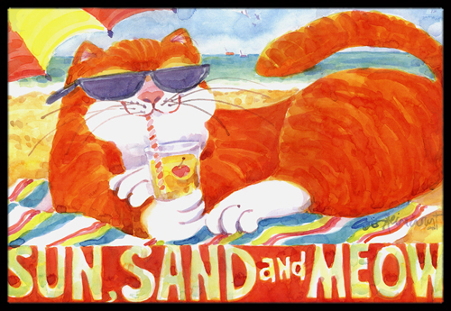 Picture of Carolines Treasures 6050MAT Orange Tabby at the beach Indoor Or Outdoor Mat - 18 x 27 in.