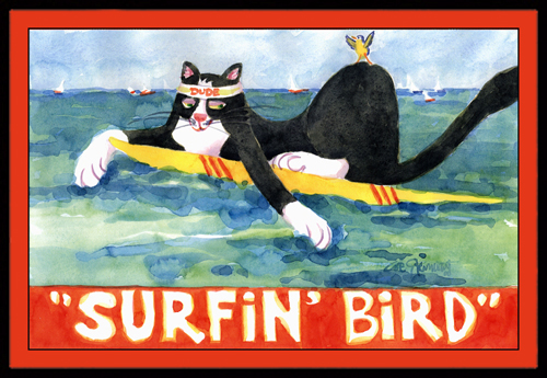 Picture of Carolines Treasures 6051MAT Black and white Cat Surfin Bird Indoor Or Outdoor Mat - 18 x 27 in.