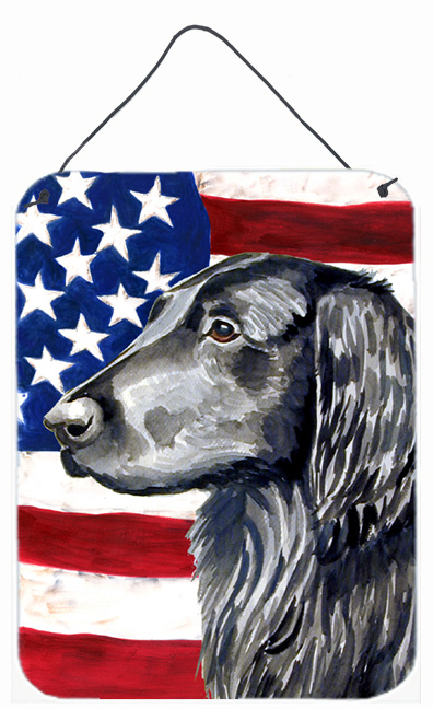 LH9021DS1216 12 x 16 in. USA American Flag With Flat Coated Retriever Aluminum Metal Wall & Door Hanging Prints
