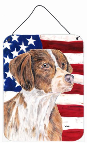 SC9112DS1216 12 x 16 in. USA American Flag With Brittany Aluminum Metal Wall & Door Hanging Prints