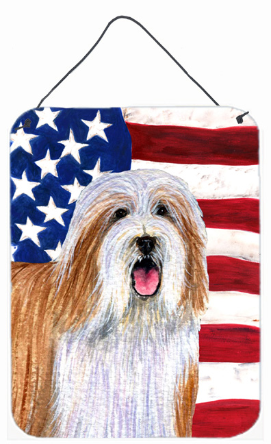 SS4245DS1216 12 x 16 in. USA American Flag With Bearded Collie Aluminum Metal Wall & Door Hanging Prints