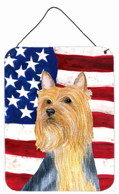SS4250DS1216 12 x 16 in. USA American Flag With Silky Terrier Aluminum Metal Wall & Door Hanging Prints