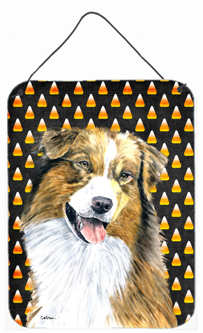 SC9195DS1216 12 x 16 in. Australian Shepherd Candy Corn Halloween Portrait Aluminum Metal Wall & Door Hanging Prints
