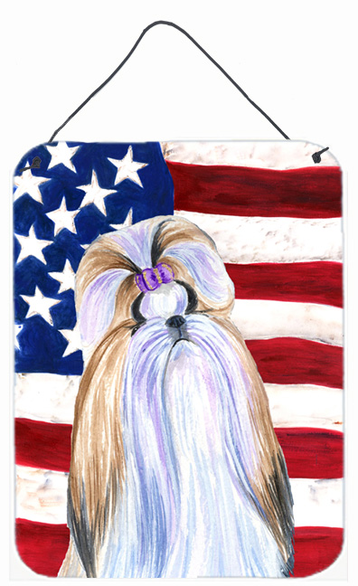 SS4221DS1216 12 x 16 in. USA American Flag With Shih Tzu Aluminum Metal Wall & Door Hanging Prints