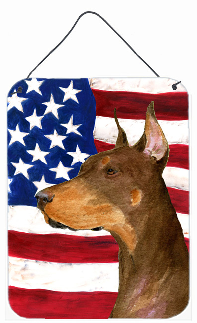 SS4224DS1216 12 x 16 in. USA American Flag With Doberman Aluminum Metal Wall & Door Hanging Prints