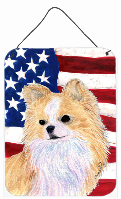 SS4229DS1216 12 x 16 in. USA American Flag With Chihuahua Aluminum Metal Wall & Door Hanging Prints