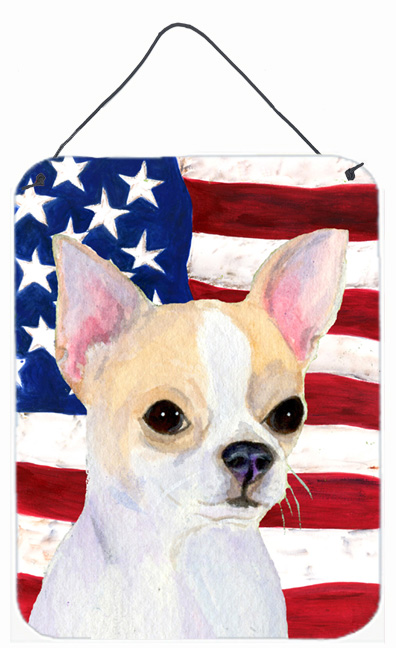 SS4230DS1216 12 x 16 in. USA American Flag With Chihuahua Aluminum Metal Wall & Door Hanging Prints