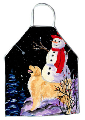 Picture of Carolines Treasures SS8579APRON Golden Retriever with Snowman in red Hat Apron - 27 x 31 in.