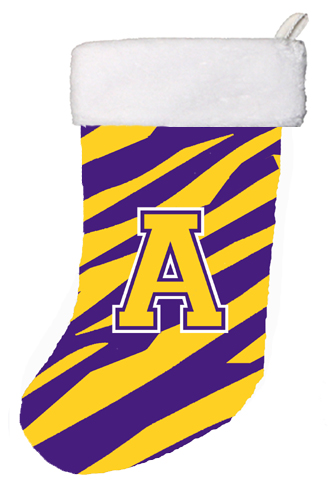 Tiger Stripe - Purple Gold Initial A Monogram Initial Christmas Stocking - 11 x 18 in.