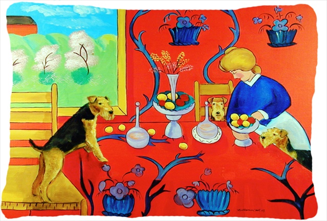 Airedale Terrier with lady in the kitchen Indoor & Outdoor Decorative Fabric Pillow - 12 x 16 in.