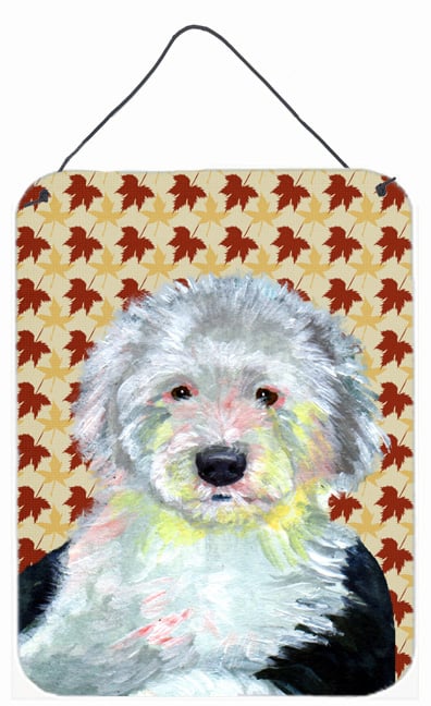 LH9126DS1216 Old English Sheepdog Fall Leaves Portrait Aluminium Metal Wall Or Door Hanging Prints - 12 x 16 in.