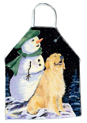 Picture of Carolines Treasures SS8577APRON Golden Retriever with Snowman in Green Hat Apron - 27 x 31 in.