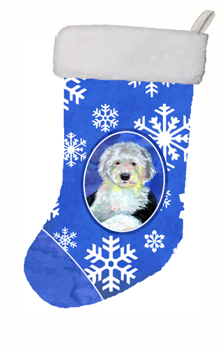 LH9306-CS 11 x 18 in. Old English Sheepdog Winter Snowflakes Snowflakes Holiday Christmas Stocking